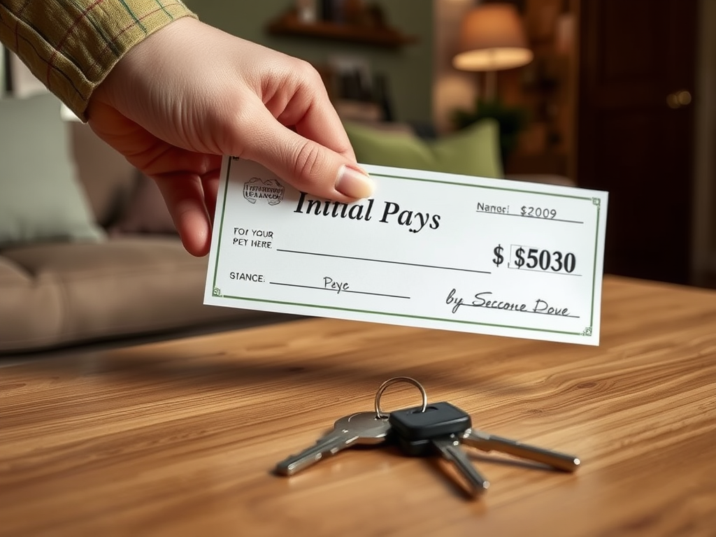 Рука держит чек на $5030 с надписью "Первоначальные выплаты" рядом с ключами на столе.