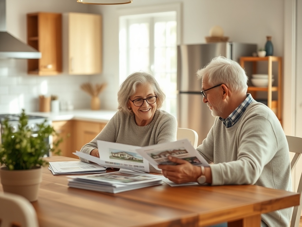 Пожилая пара улыбается, рассматривая документы о недвижимости за обеденным столом в уютной кухне.