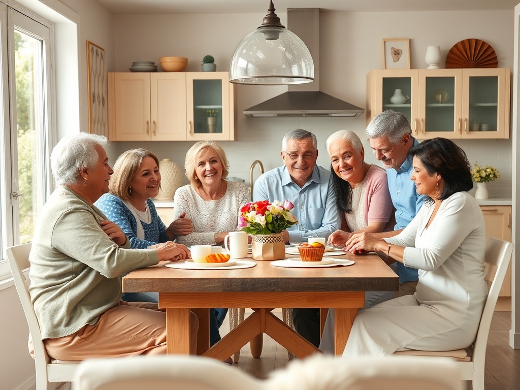 Группа людей за столом в уютной кухне, наслаждаясь общением и угощениями. Радостная атмосфера.