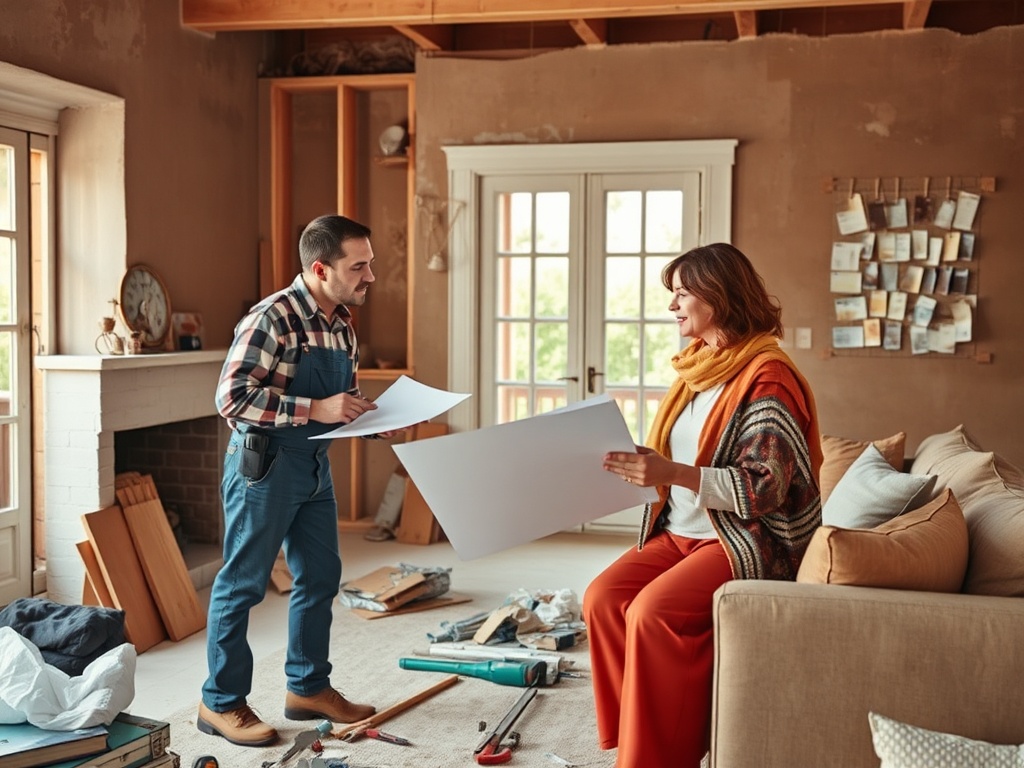 Два человека обсуждают проект ремонта в комнате, окруженной строительными материалами и мусором.