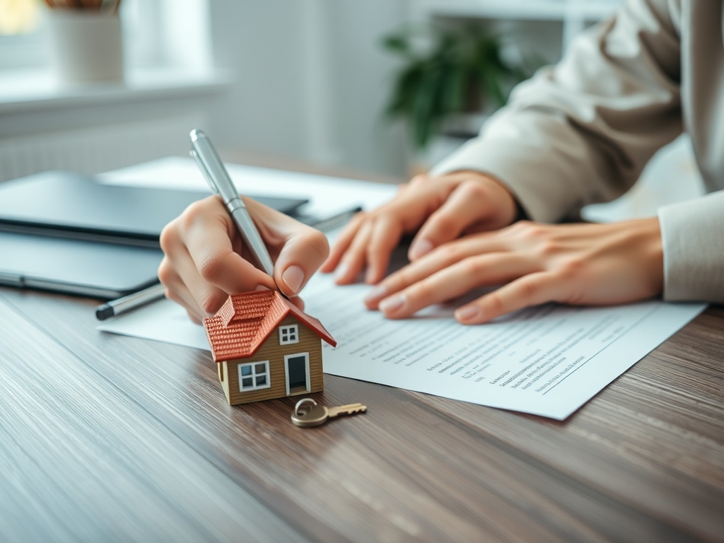 Руки человека подписывают документы, рядом маленькая модель дома и ключ. На столе лежат ручки и блокнот.
