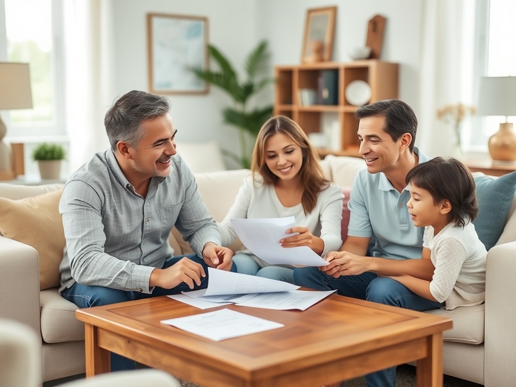 Семья обсуждает документы за столом в уютной комнате, улыбаются и общаются друг с другом.