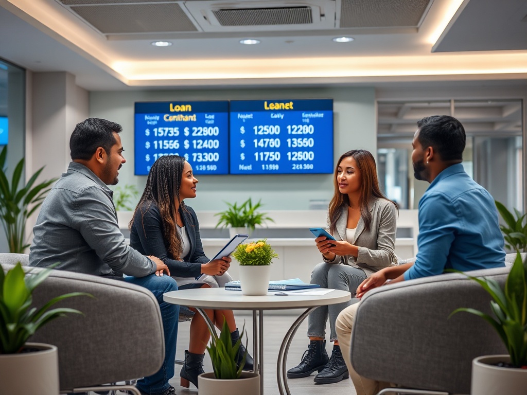 Группа людей обсуждает финансовые вопросы в современном офисе с растениями на столах.