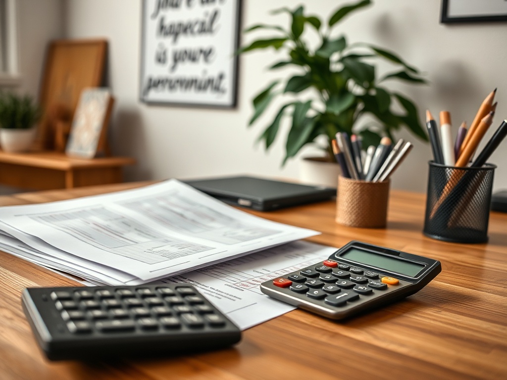 На столе с документами находятся два калькулятора и подставка с карандашами. На стене висит картина.