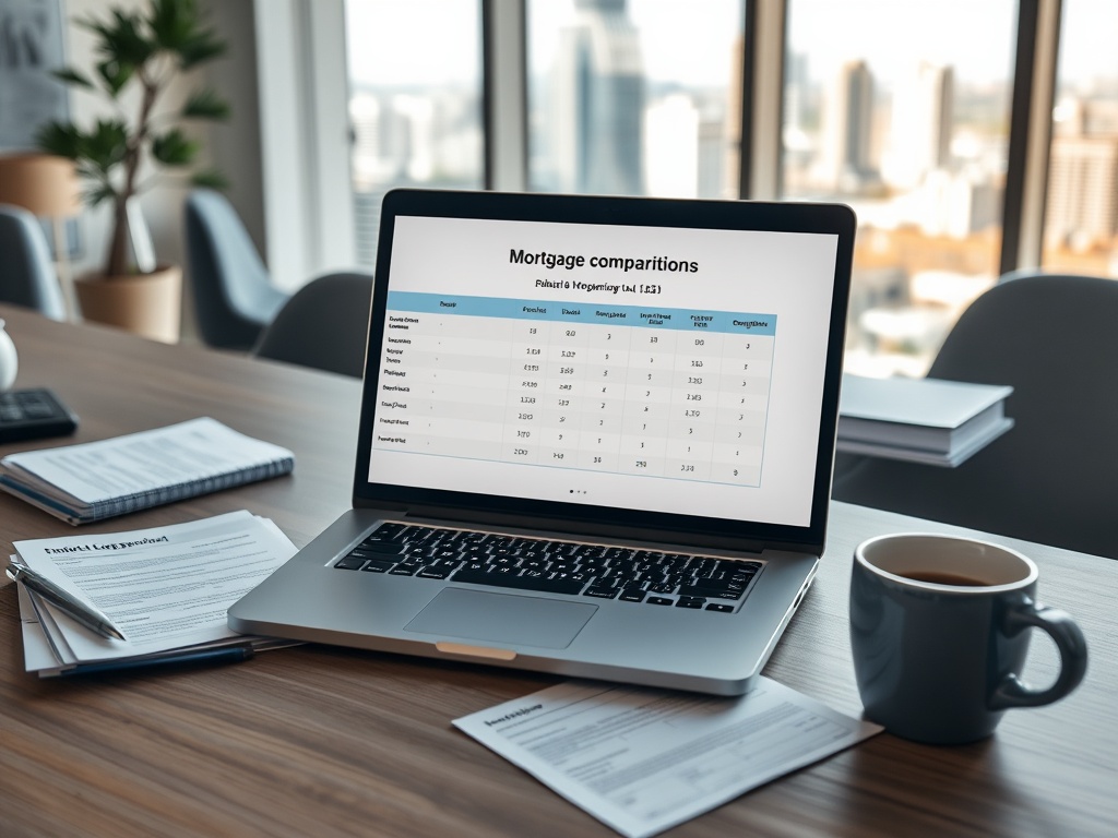 На ноутбуке открыта таблица сравнений по ипотеке, на столе документы и чашка кофе.
