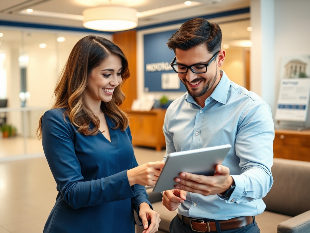 Два человека стоят и смотрят на планшет, обсуждая что-то с улыбками на лицах в офисной обстановке.