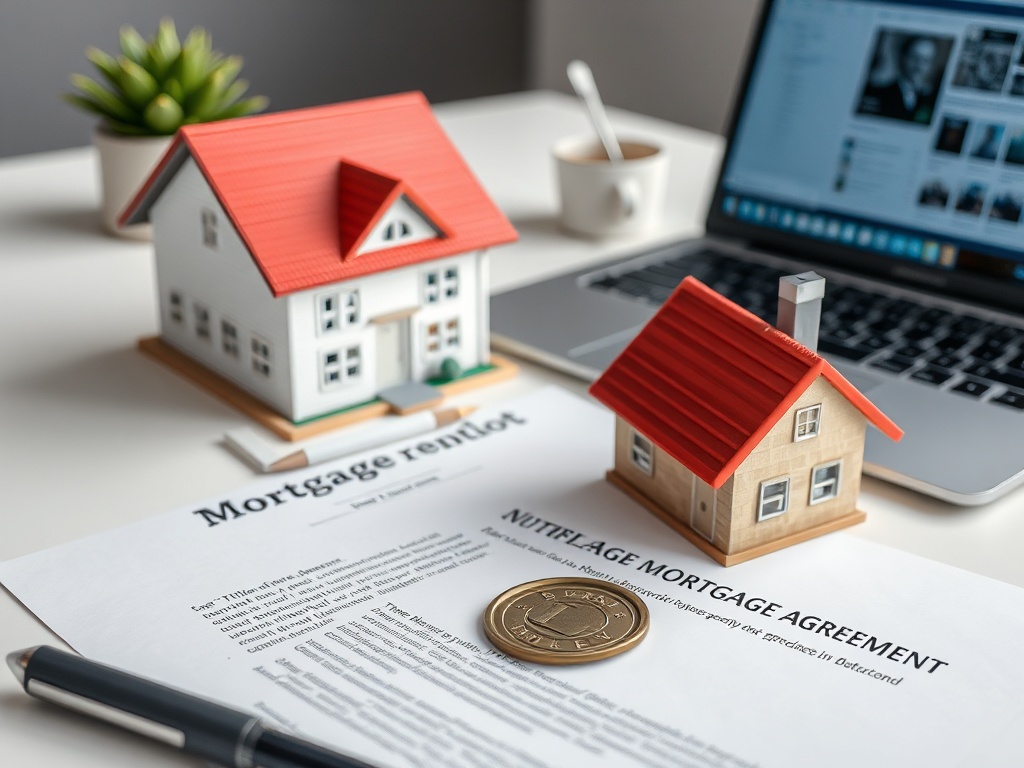 На столе модель дома, документы по ипотеке и монета. На заднем плане ноутбук и растение в горшке.